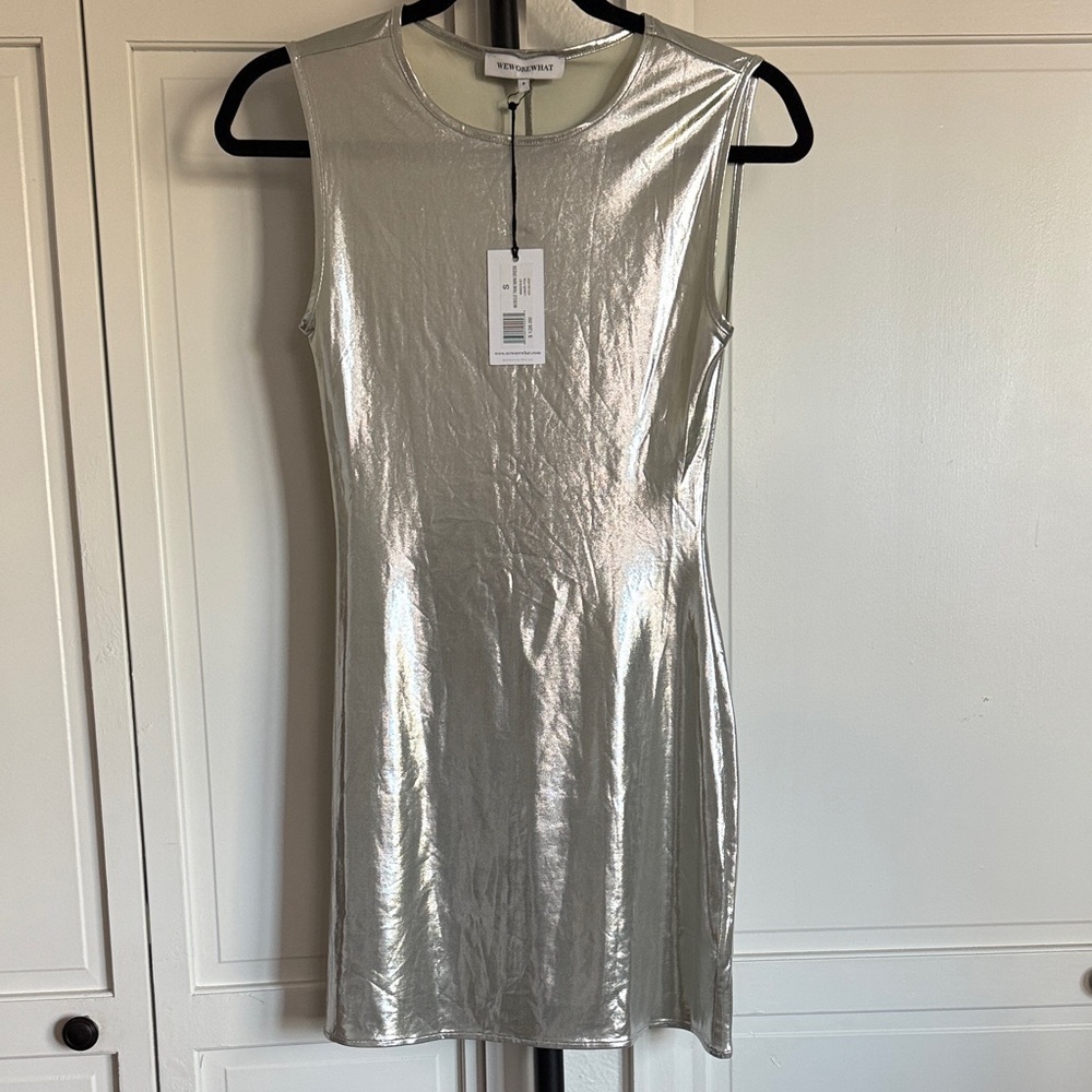 NWT WeWoreWhat Muscle Tank Mini Dress Liquid Foil Silver